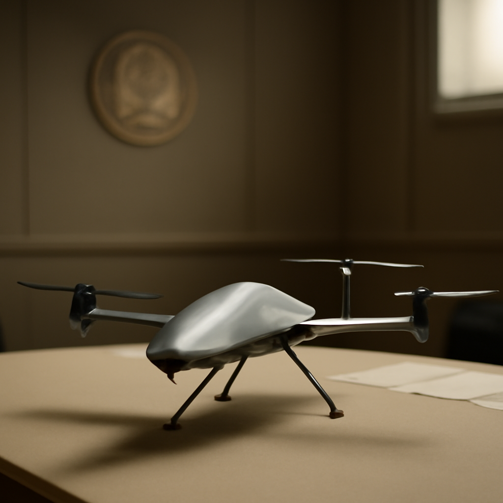Futuristic drone model on neutral surface in softly lit government-style setting.