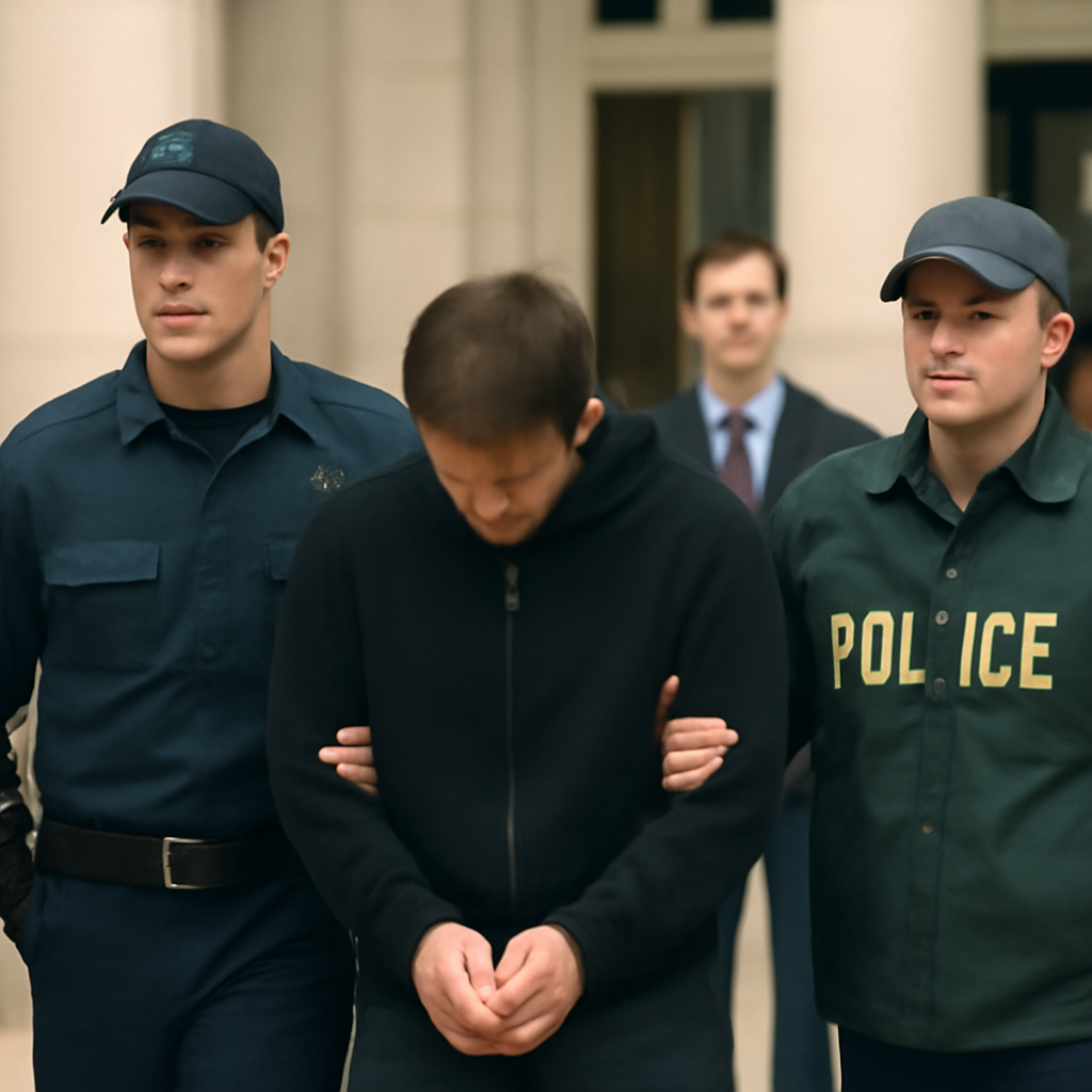 Person being escorted in front of blurred government building background.