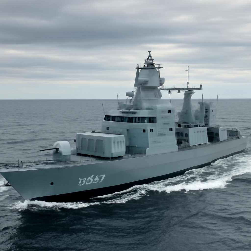 German frigate underway in North Atlantic with containerized missile launchers on deck.