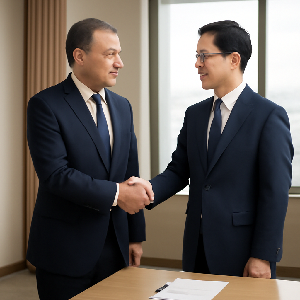 Two officials shake hands in a conference room with a cityscape view.