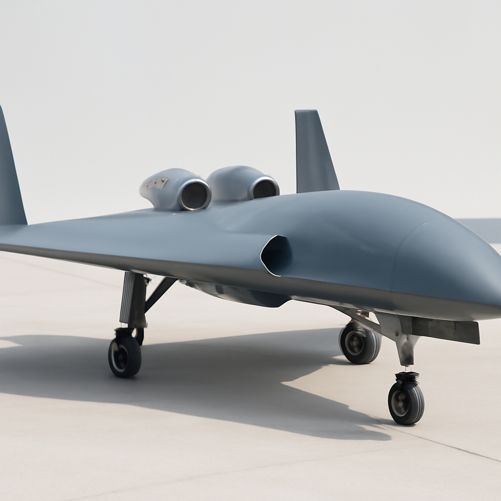 Sleek jet-powered drone with delta wing design on clean surface.