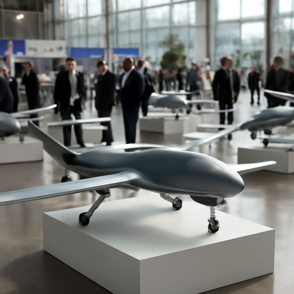 Drone models on display at a military aircraft exhibition hall with vendors and officials.