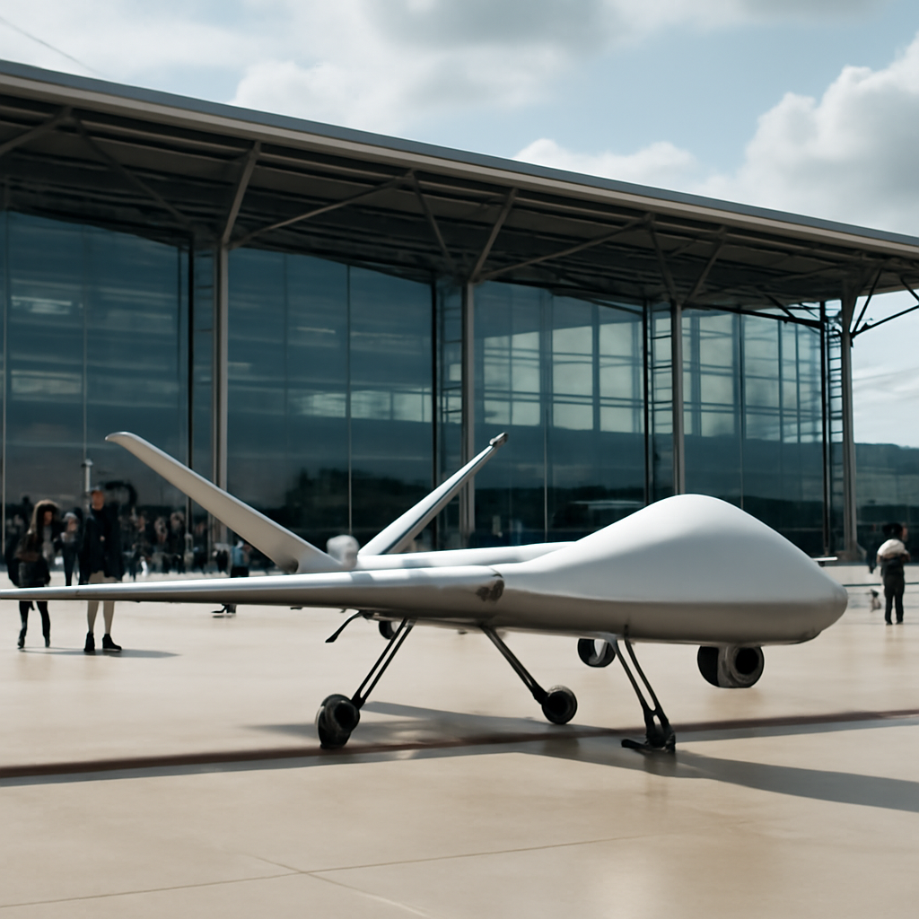 Modern drone lies on airport surface near suited officials under partly cloudy sky.