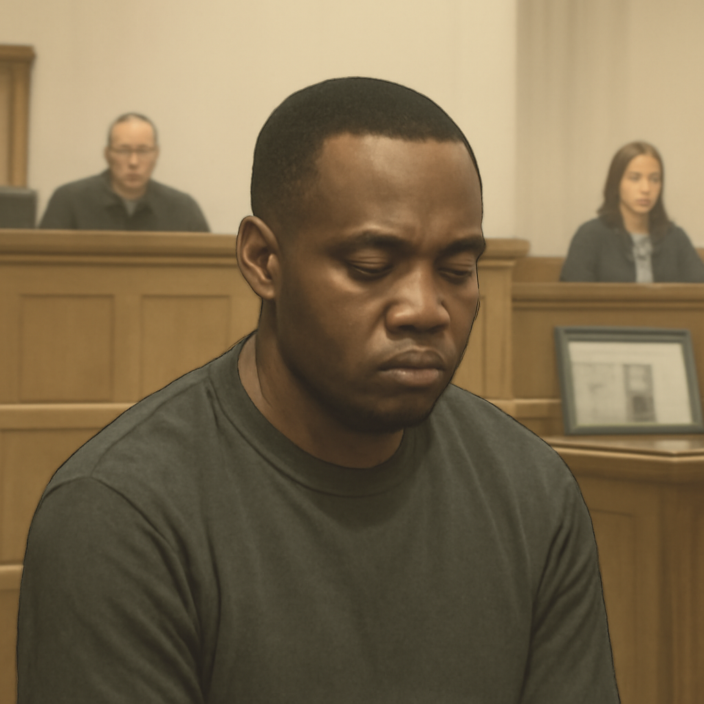 Formal courtroom setting with somber defendant in foreground and subtle hints of online activity in background.