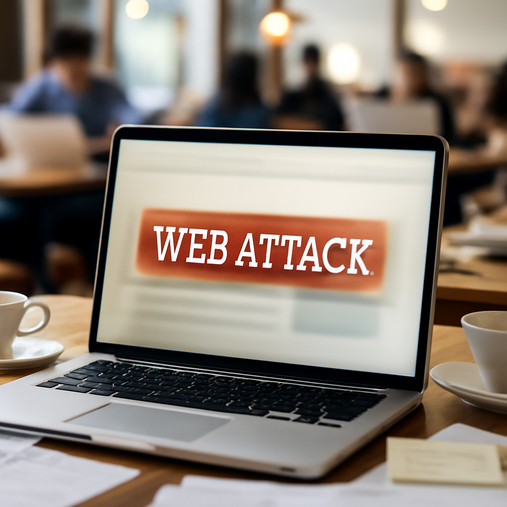 Laptop screen displays website homepage amidst papers and coffee cups in a busy workspace.