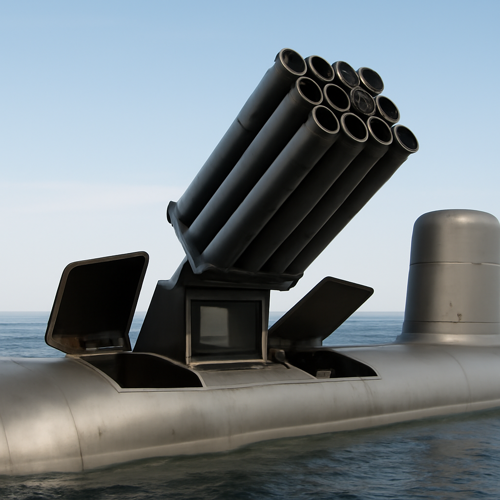 Surfaced submarine with open upper-hull doors and empty launcher tubes set against calm sea and clear sky.
