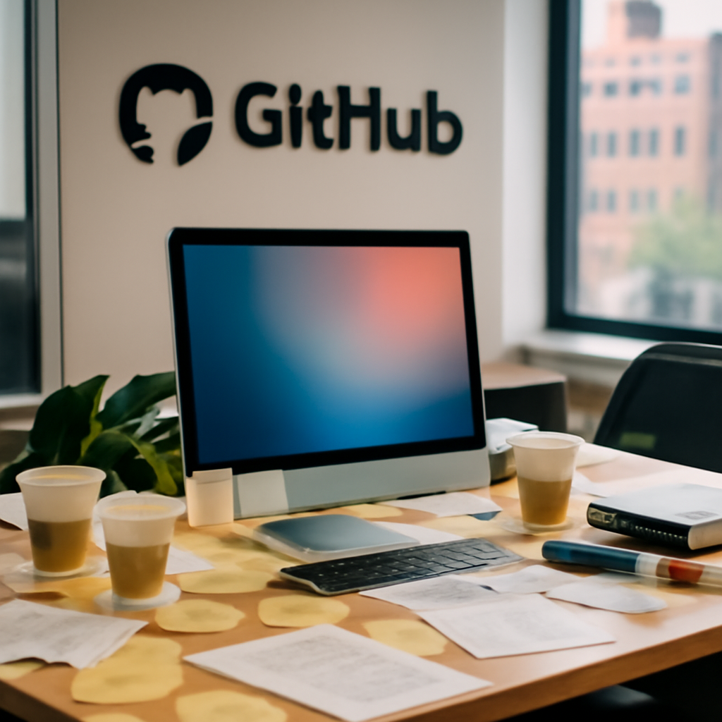 Cluttered developer workspace with computer on desk, surrounded by notes and coffee cups.
