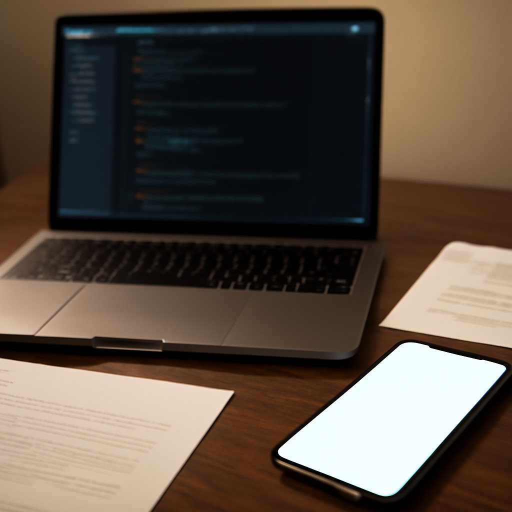 Blurred laptop screen with code amidst papers in a developer workspace.