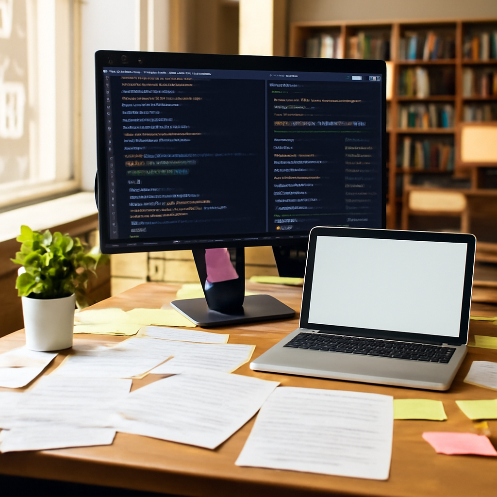 Cluttered workspace with computer, papers, and plant, in a university setting with code on the screen.