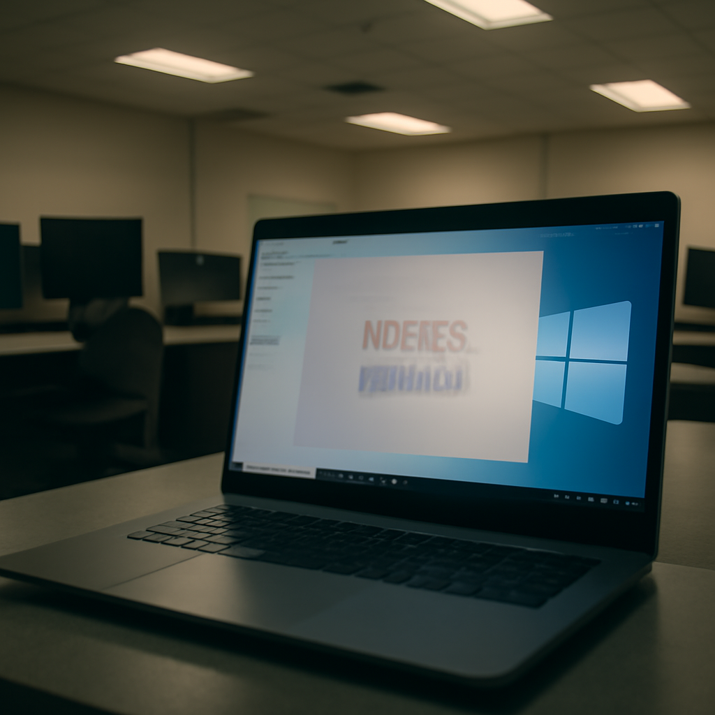 A Windows computer workstation with file explorer open in a dimly lit office setting.