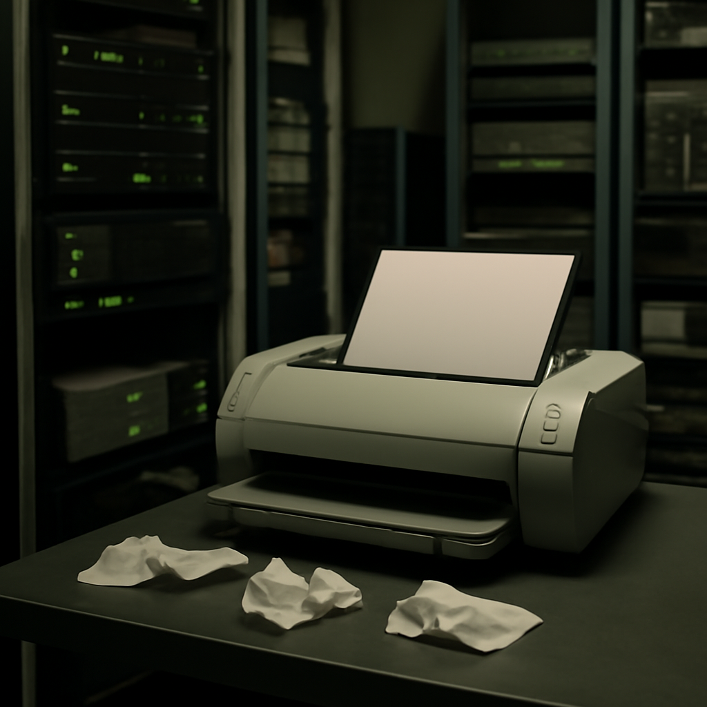 A lone, unoccupied PDF printer sits on a cluttered shelf in a dimly lit server room.