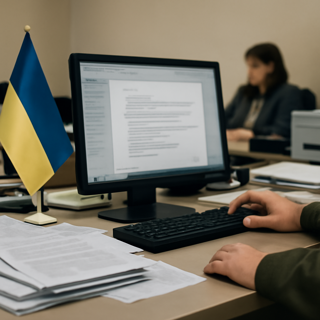 Government office workstation with papers and supplies, email inbox blurred on screen.