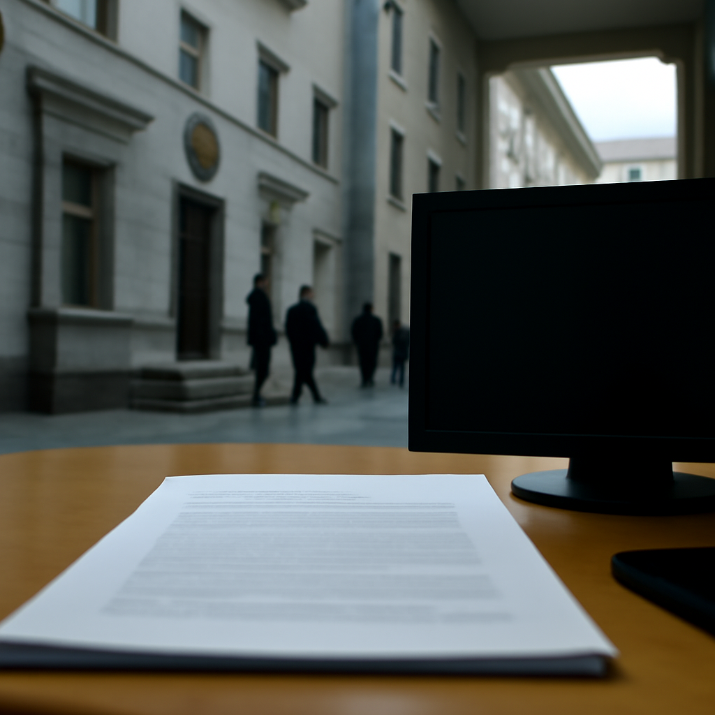 Government building in Ukraine with a sense of unease, document on desk.