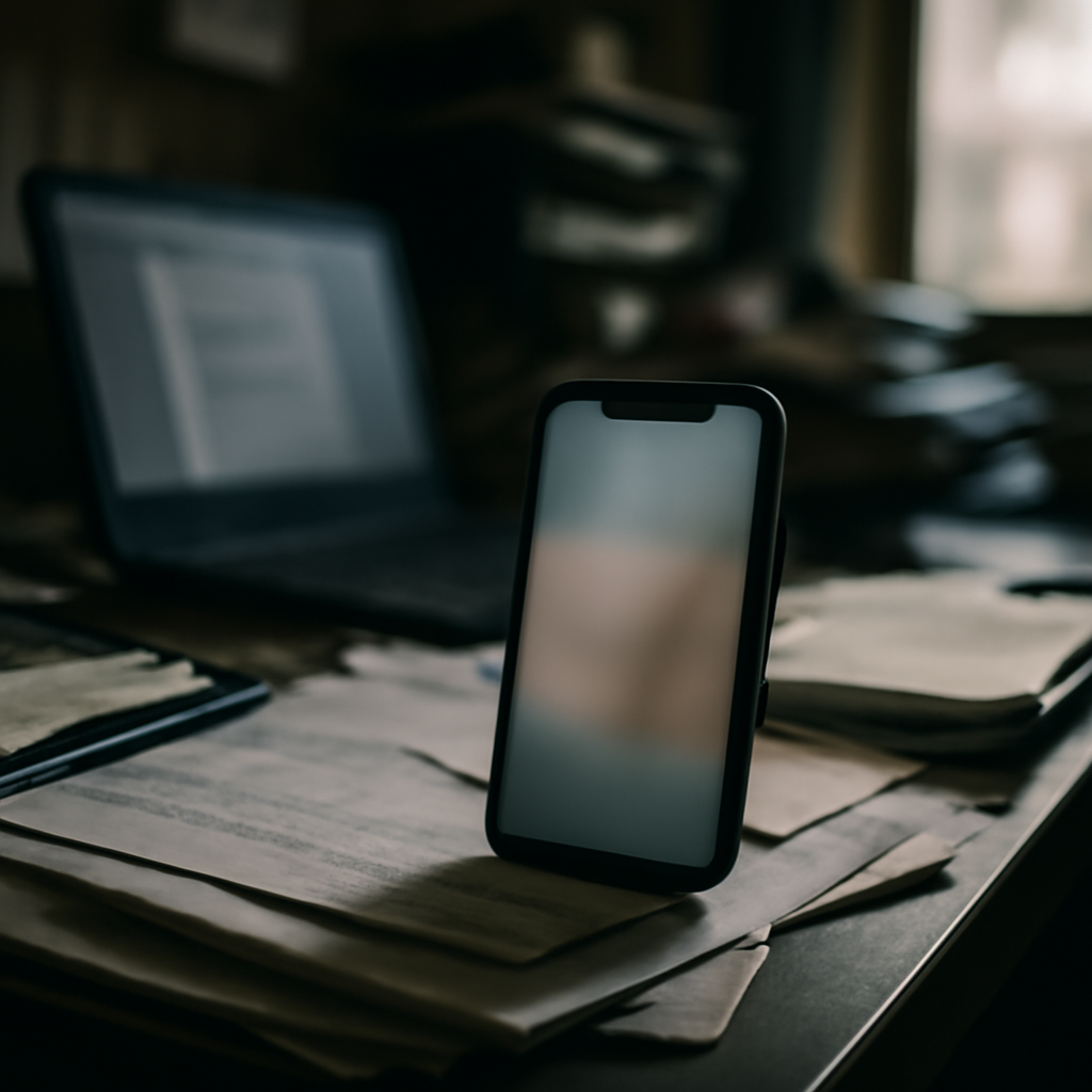 Smartphone on cluttered desk with blurred screen in dimly lit workspace.