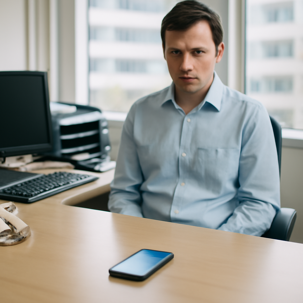 Person sits at office desk with smartphone, surrounded by equipment and daylight from a blurred cityscape outside.