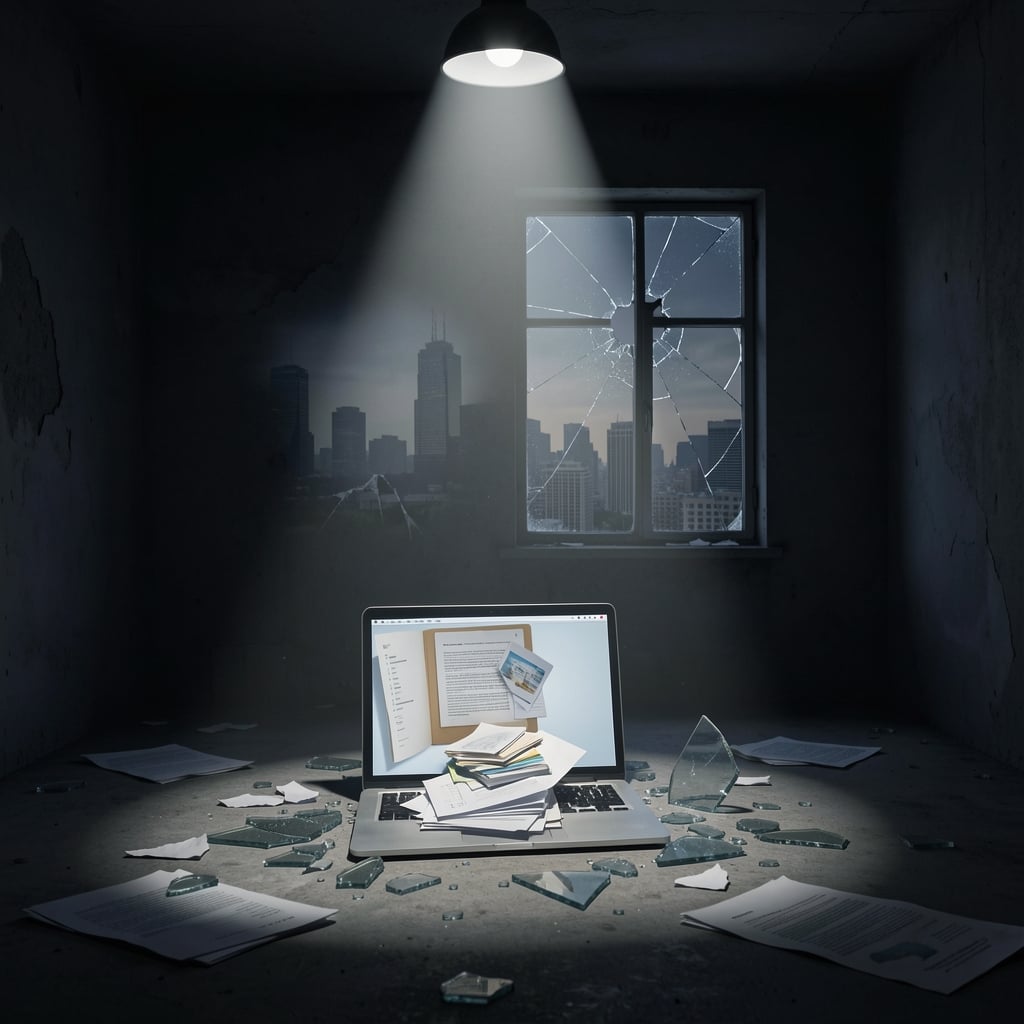 Dimly lit room with spotlight on laptop showing scattered files, surrounded by shattered glass and torn paper, with ghostly…