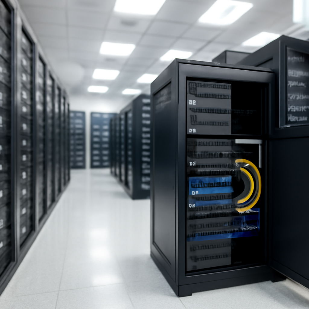 Rows of computer servers and networking equipment in a brightly-lit server room, with one server slightly ajar, suggesting…