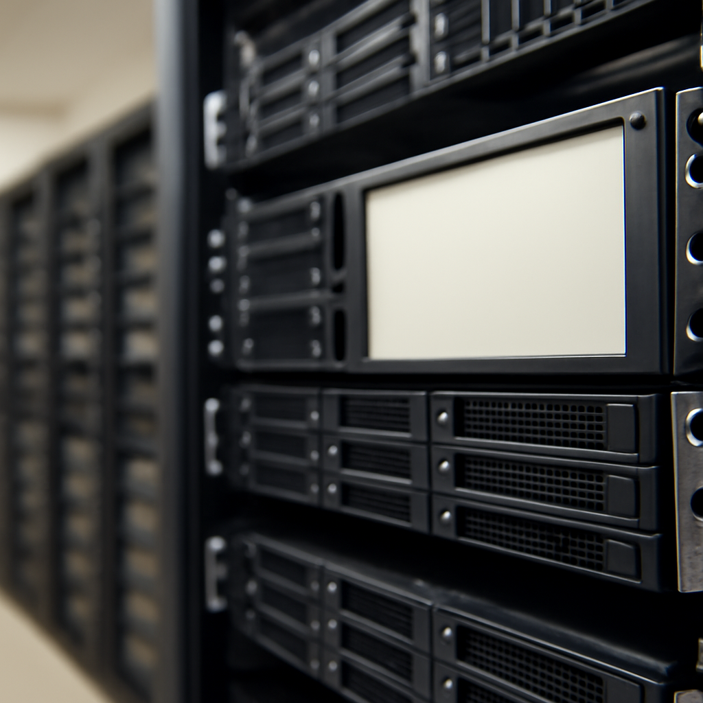 Rows of computer servers and storage devices in a data center, with one device prominently featured in the foreground.