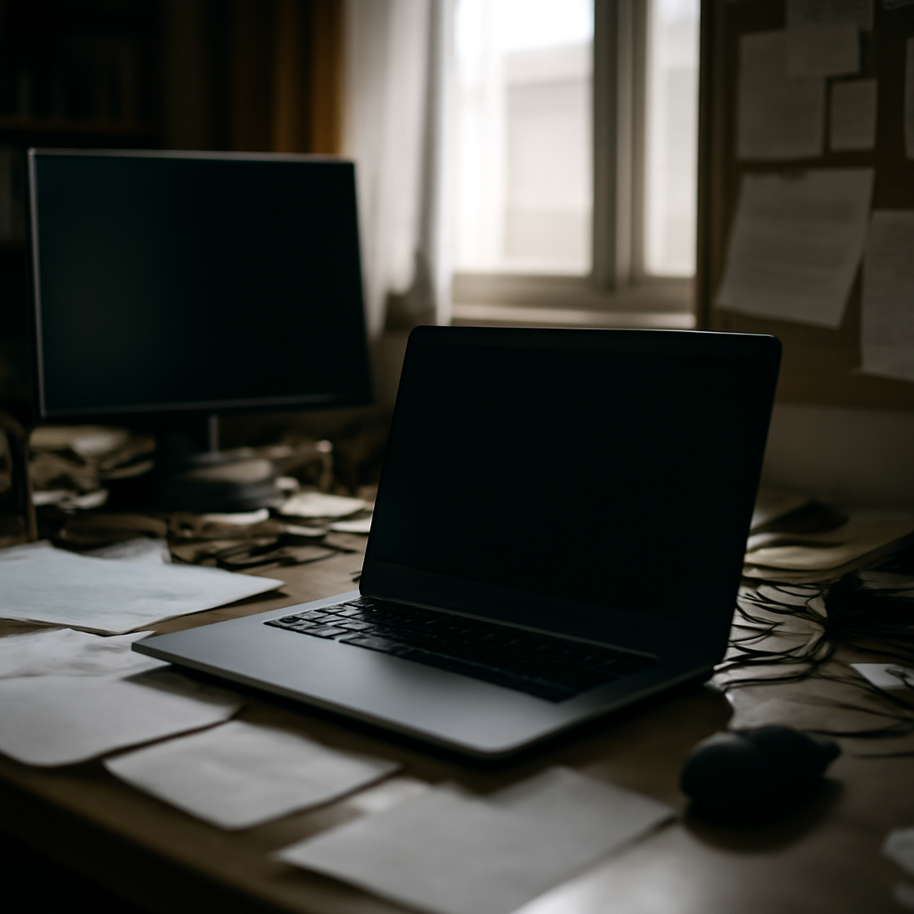 Cluttered home office desk with a lit computer terminal.