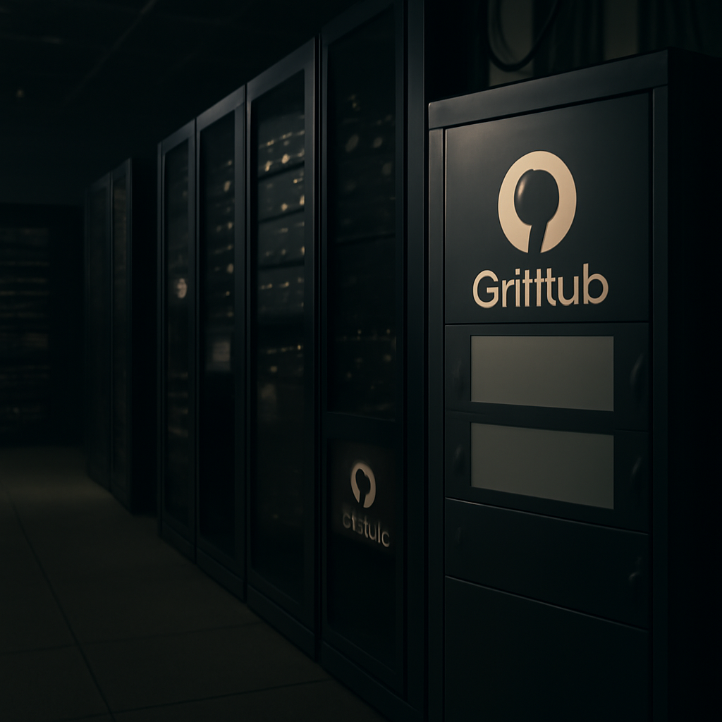 Dimly lit server room with rows of computer servers and GitHub-branded devices.