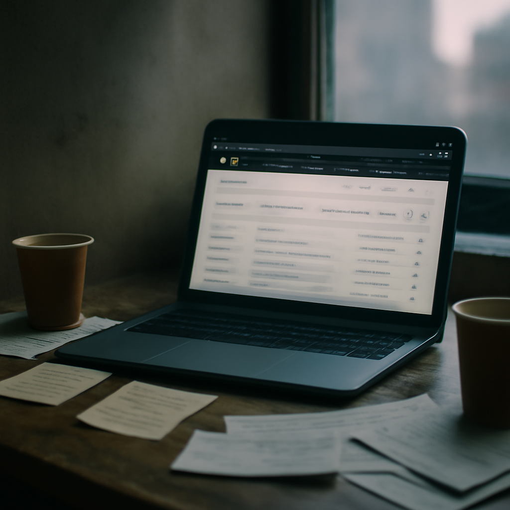 A cluttered software development workspace with a laptop showing a GitHub page on a worn wooden desk surrounded by notes…
