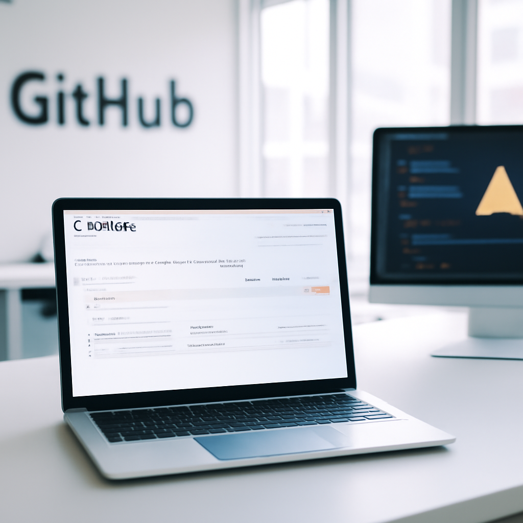 Developer workspace with laptop showing GitHub repository page and subtle warning in background.