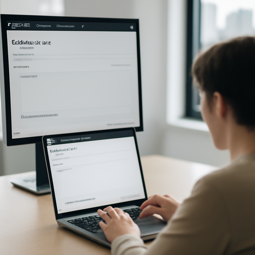 Person working on laptop in modern office setting with GitHub pages on screens.