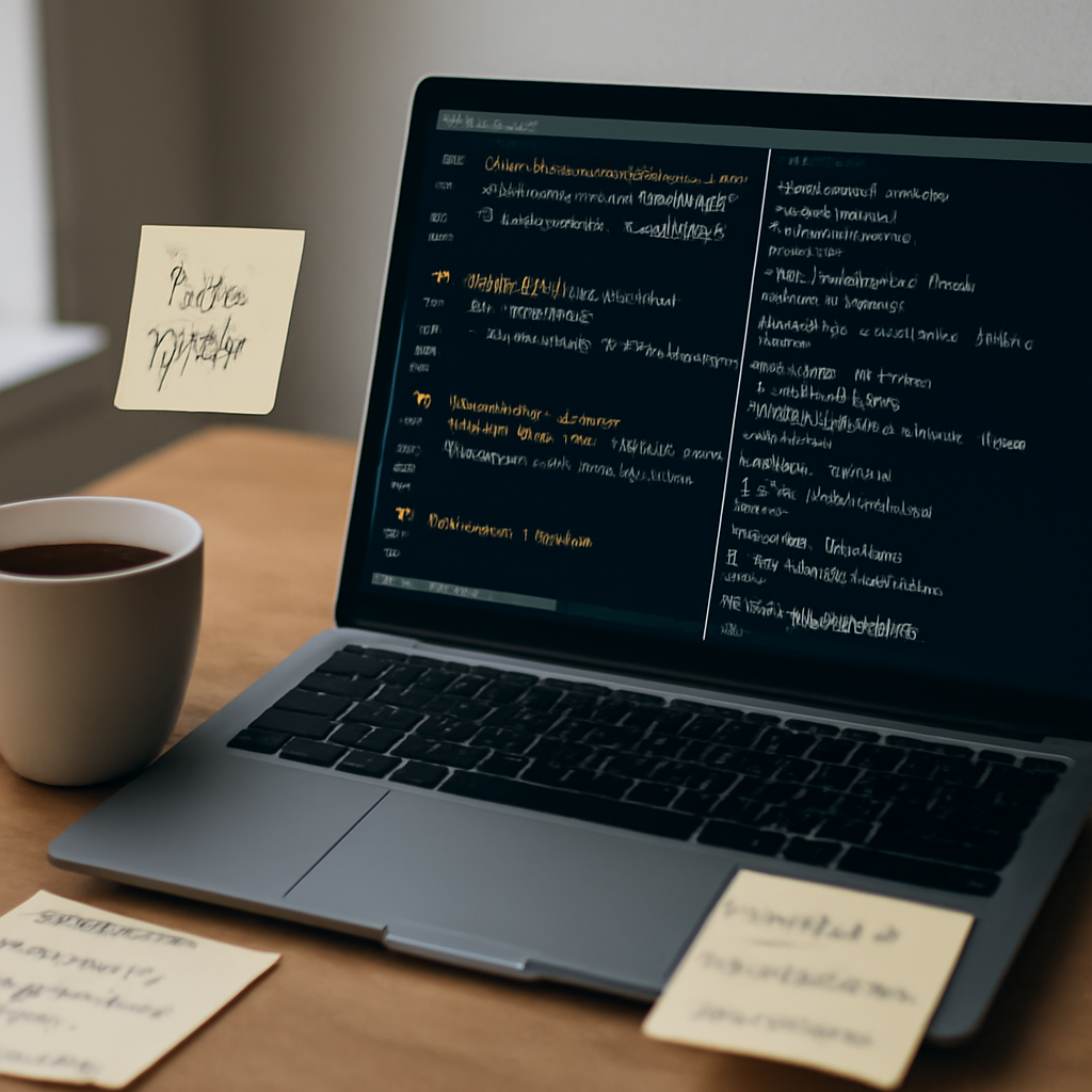 Developer workspace with laptop, terminal, and notes, hinting at software installation.