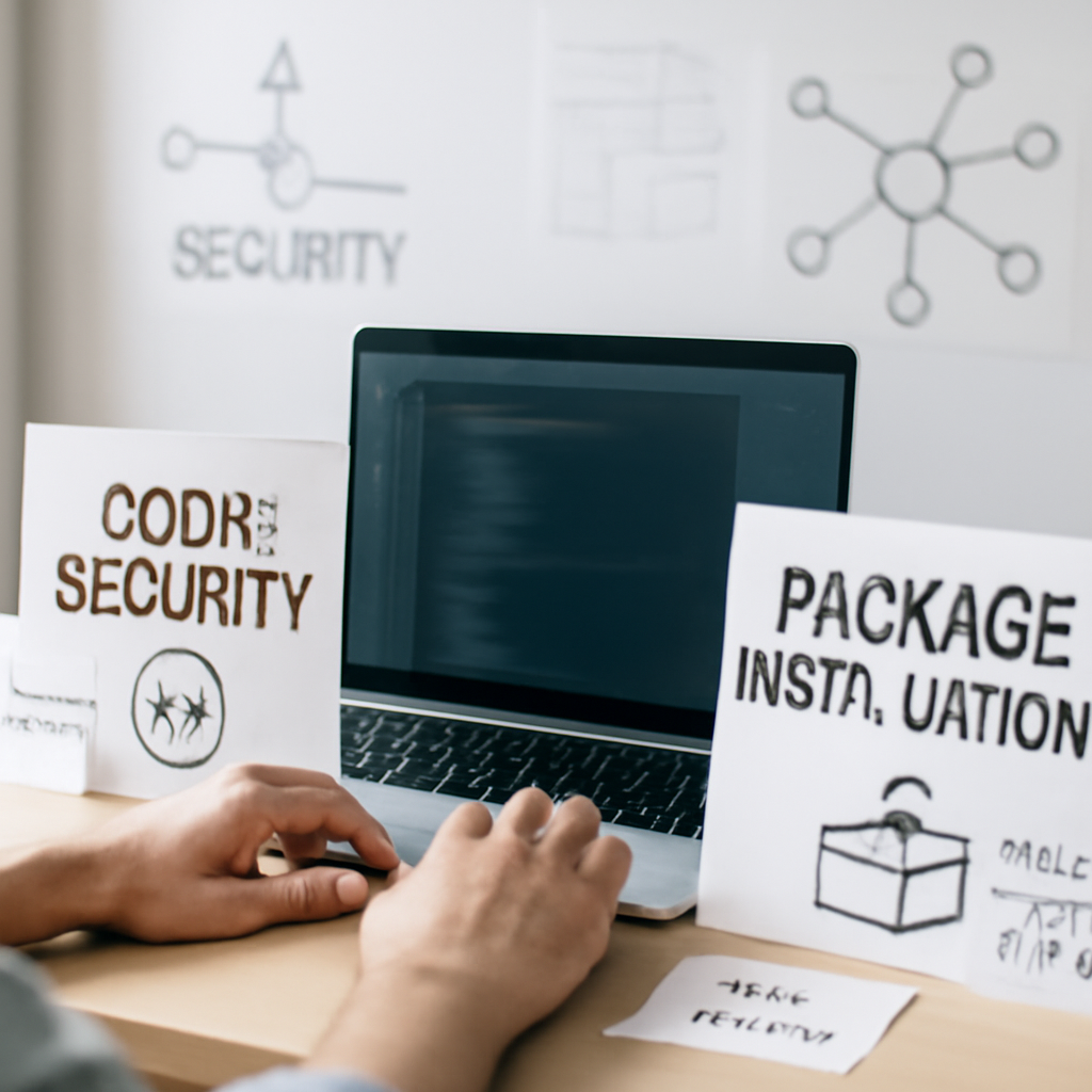 Developer workstation with laptop, notes, and diagrams focused on code security and package management.