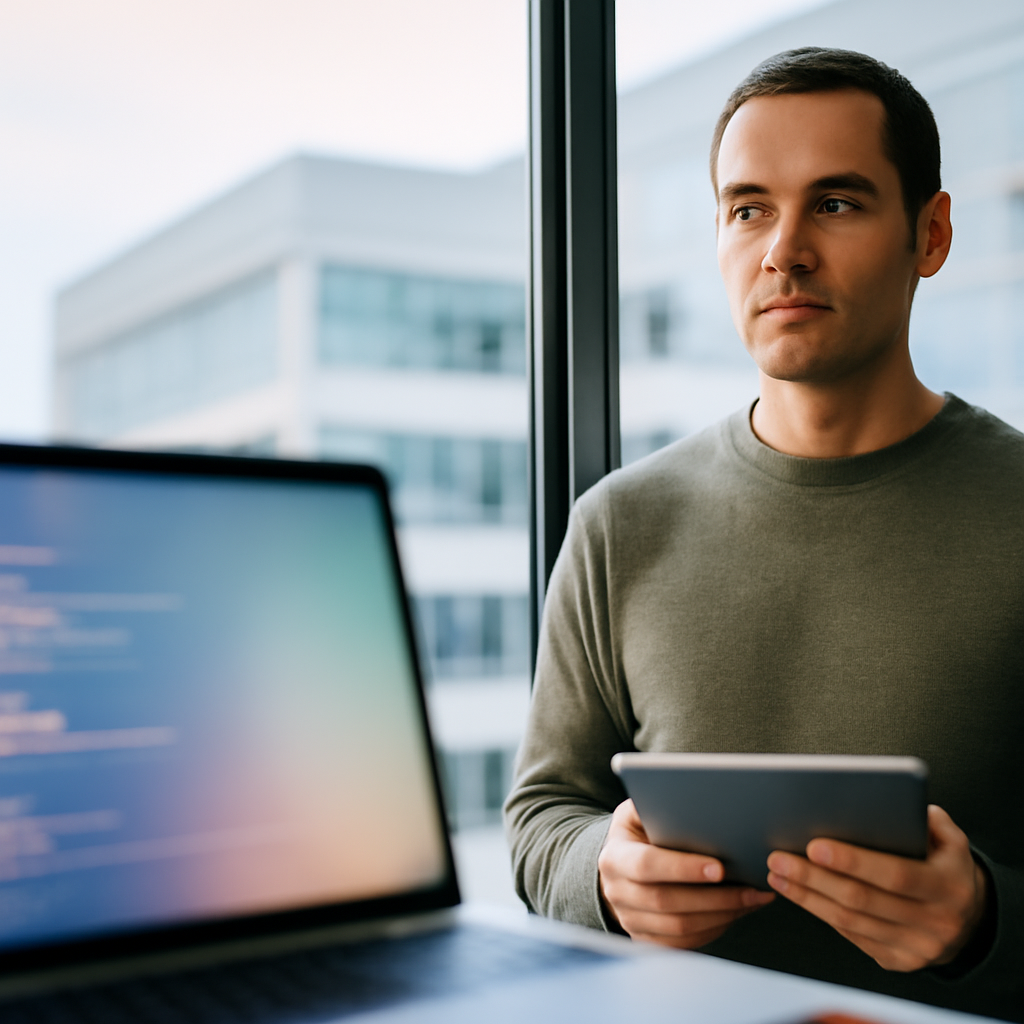 Developer stands at workstation, holding tablet with blurred screen.
