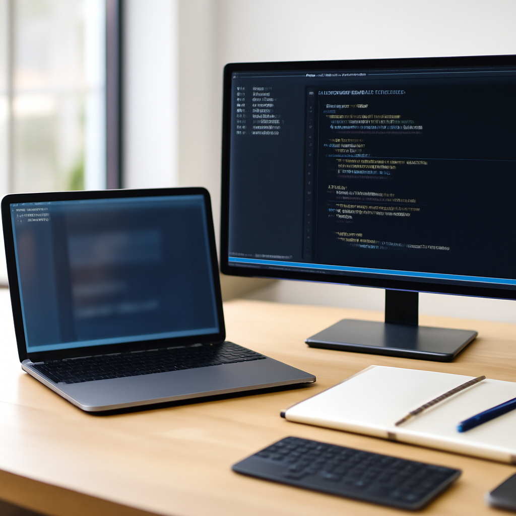 Developer workstation with laptop, monitor, and coding tools in a modern office space.