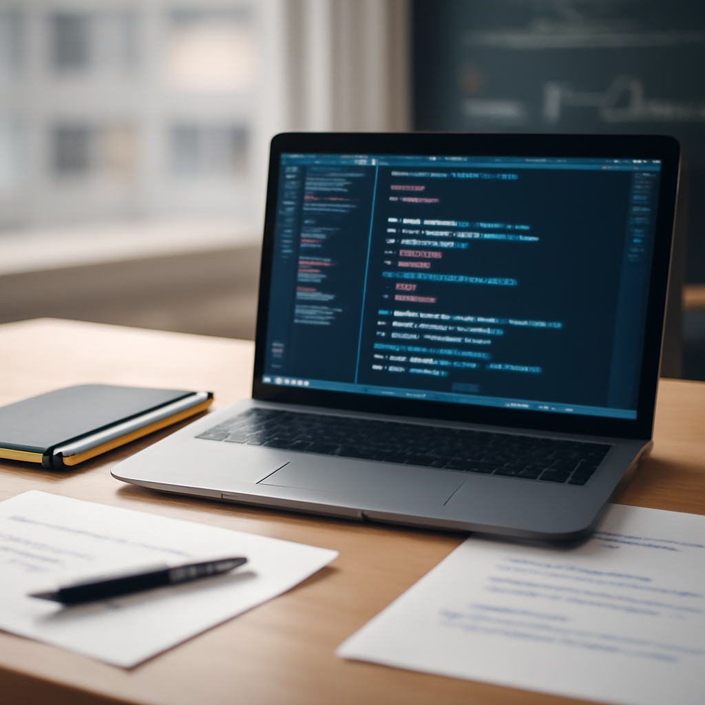 Developer workstation with laptop, coding tools, and scattered papers.