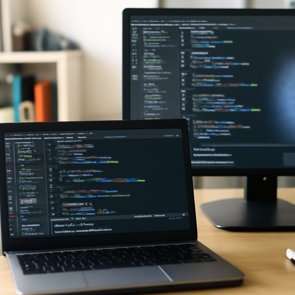 Developer workstation with VS Code on laptop and monitor, subtle security threat hinted in background.