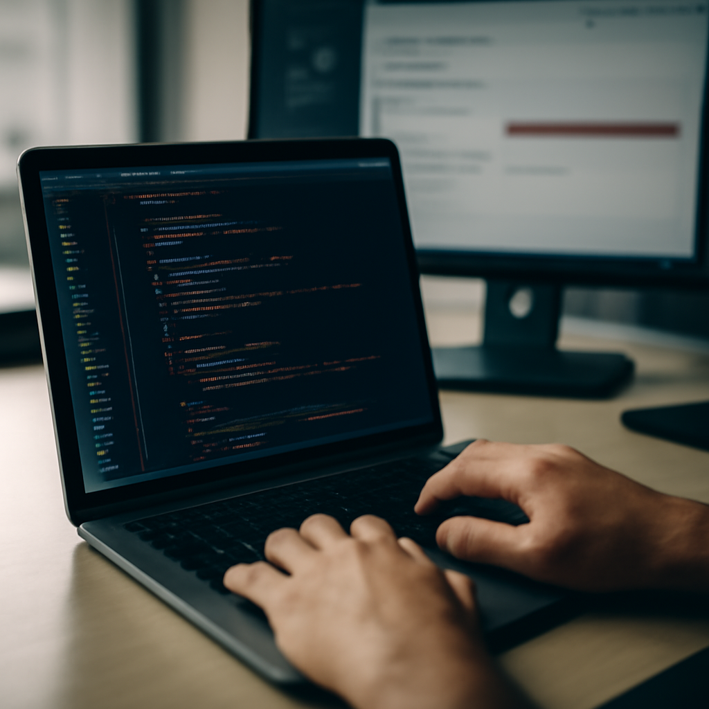 Developer workstation with code on laptop screen and GitHub/npm interface in background.