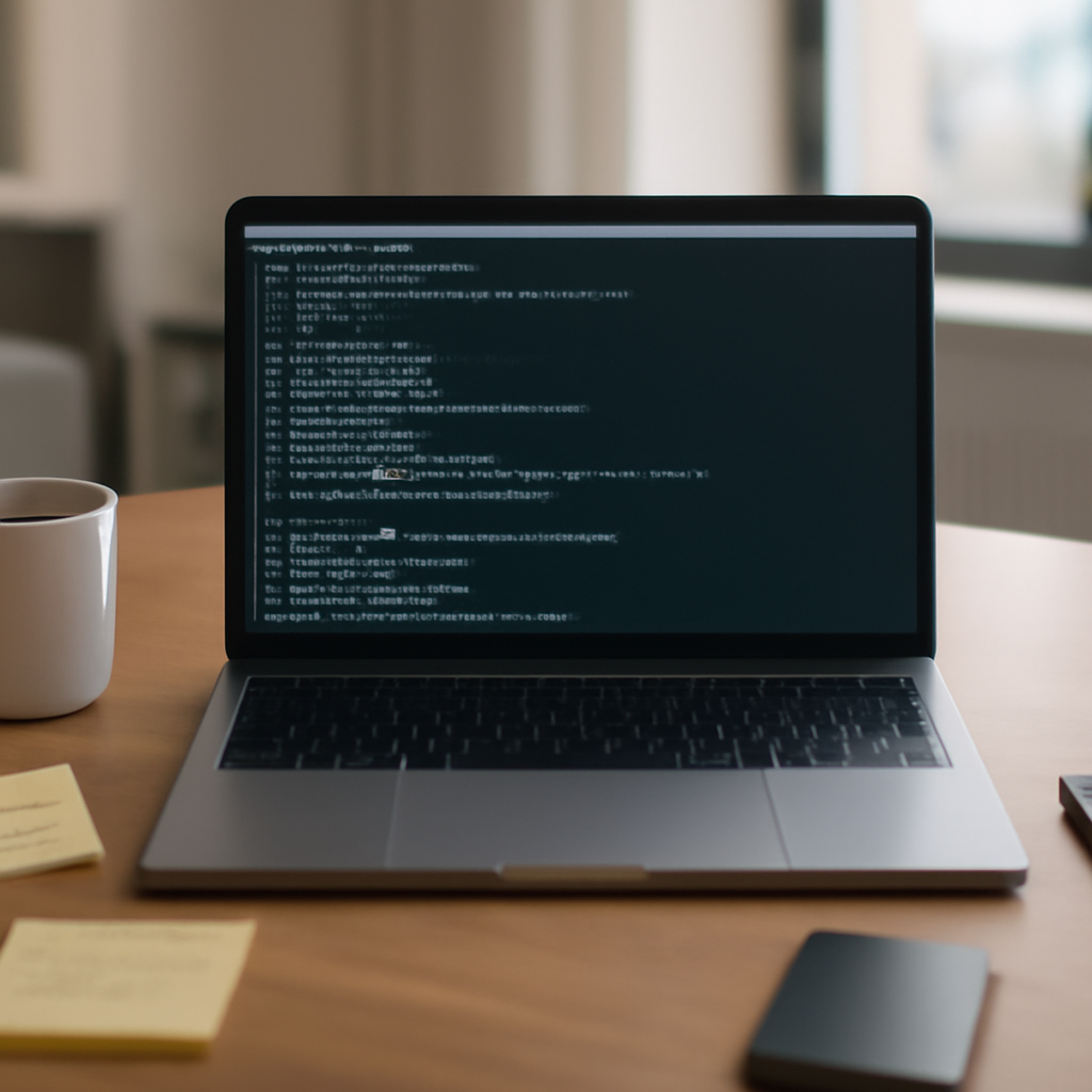 Developer workstation with laptop, notes, and coffee in a home office, displaying a terminal window on screen.