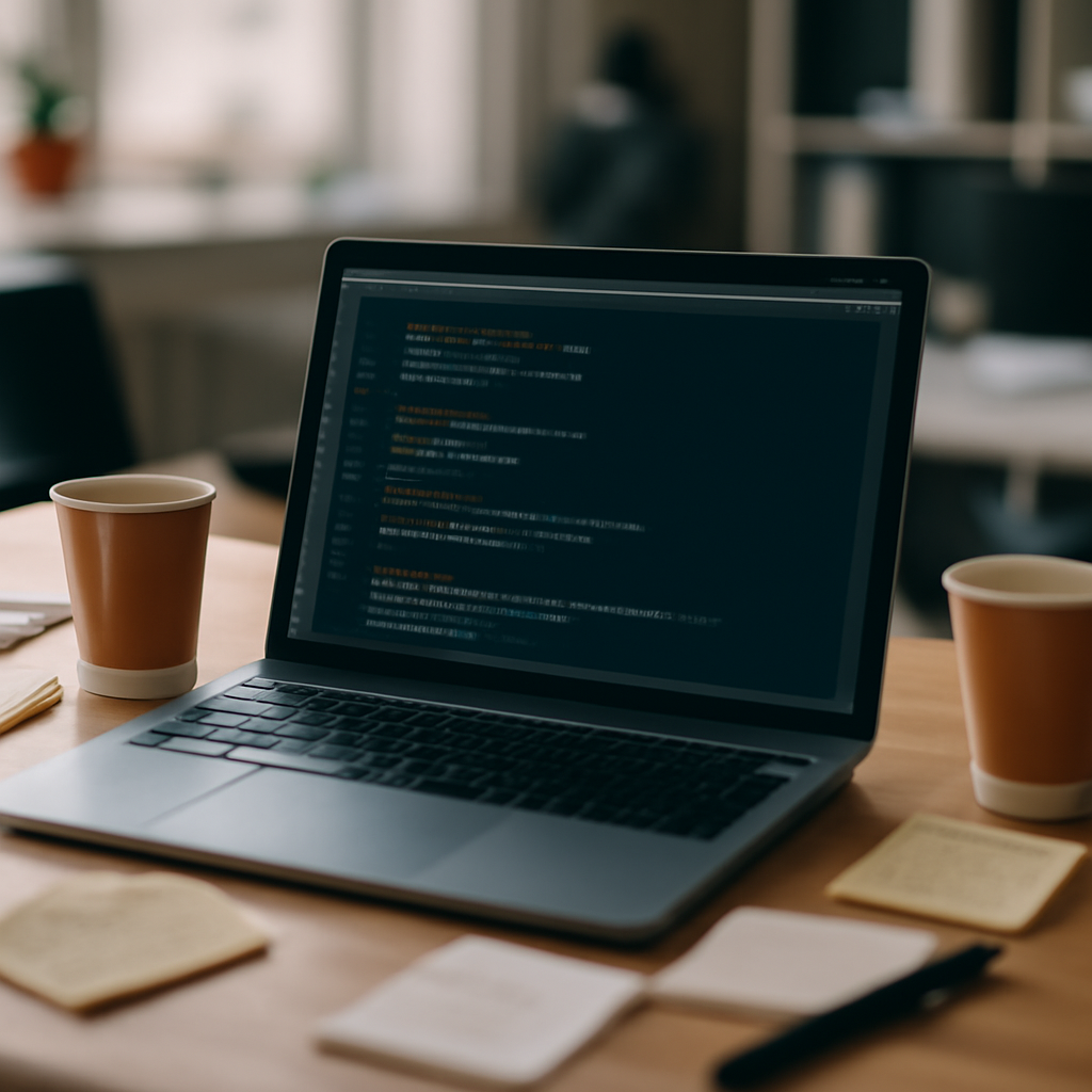 Developer workstation with code on laptop screen, notes, and coffee cups in a typical office setting.