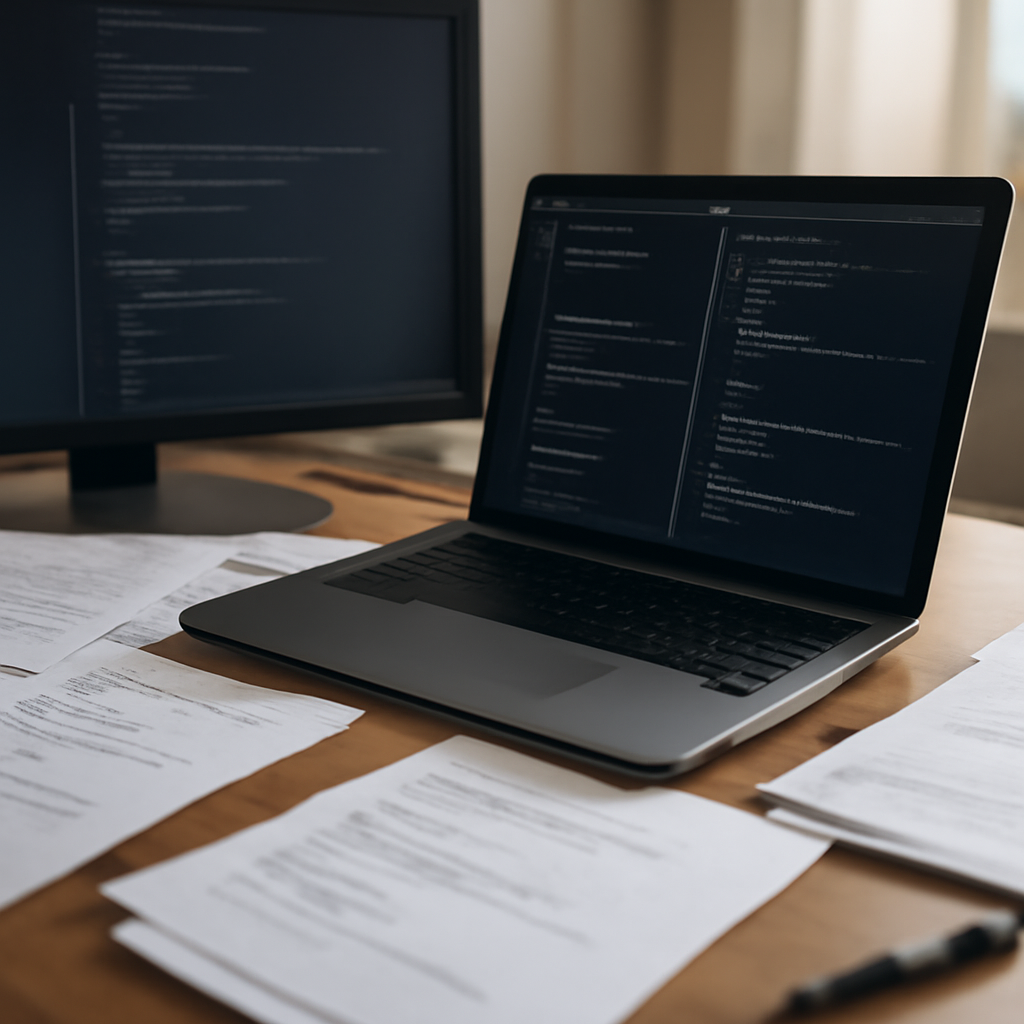 Cluttered coding workspace with laptop and notes under indoor lighting.