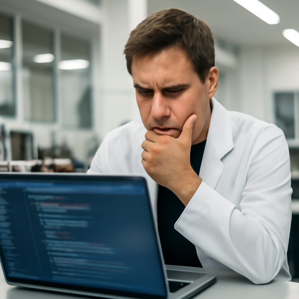 Developer scrutinizes code with concern in a well-lit lab setting.