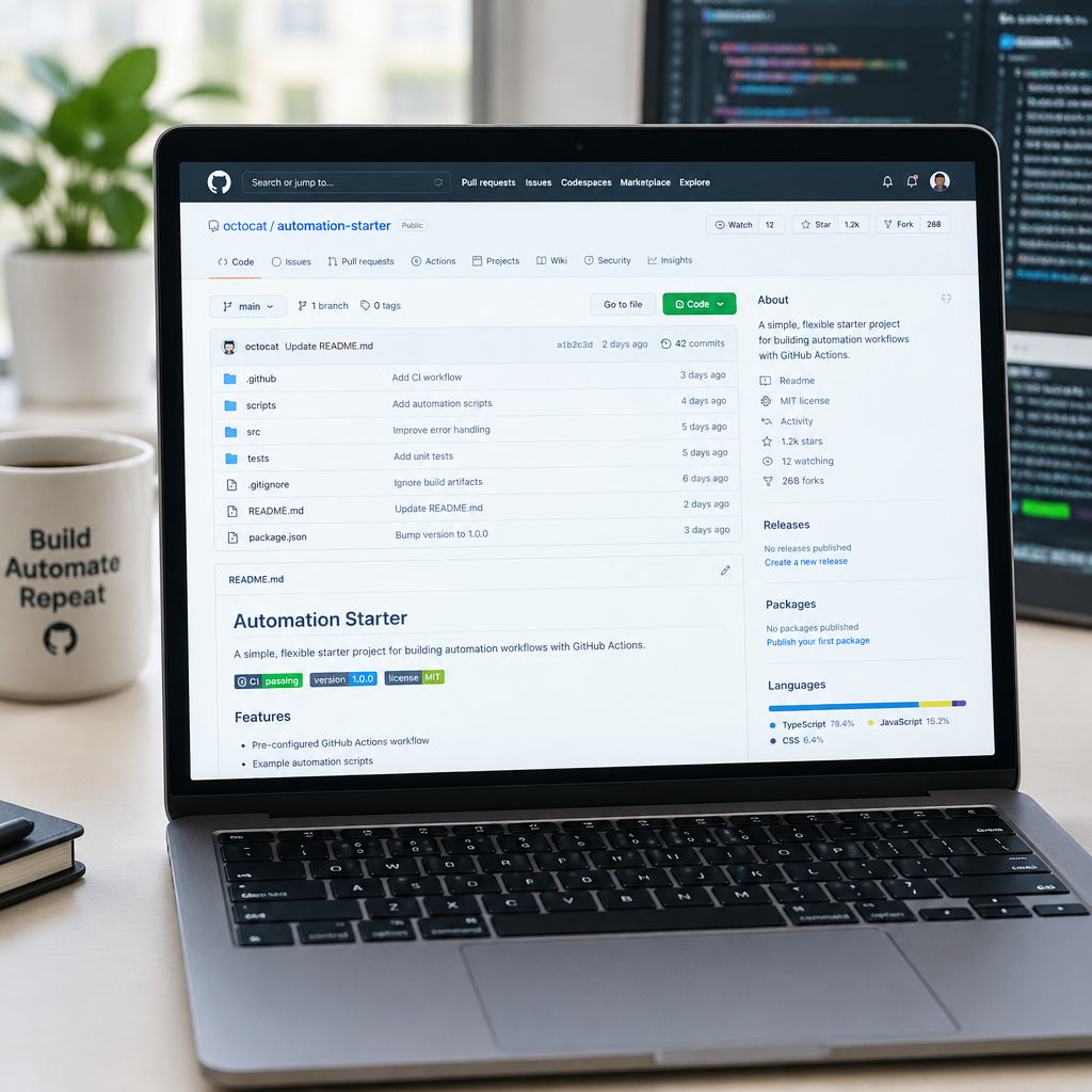 GitHub repository page on a laptop screen with blurred developer workspace background.