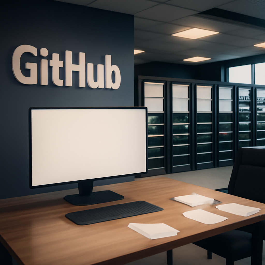 GitHub office interior with developer workstation, server racks, and city view.