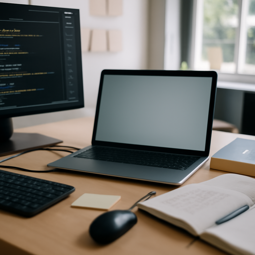 A clean and organized technology workspace with a laptop and development tools on a desk.