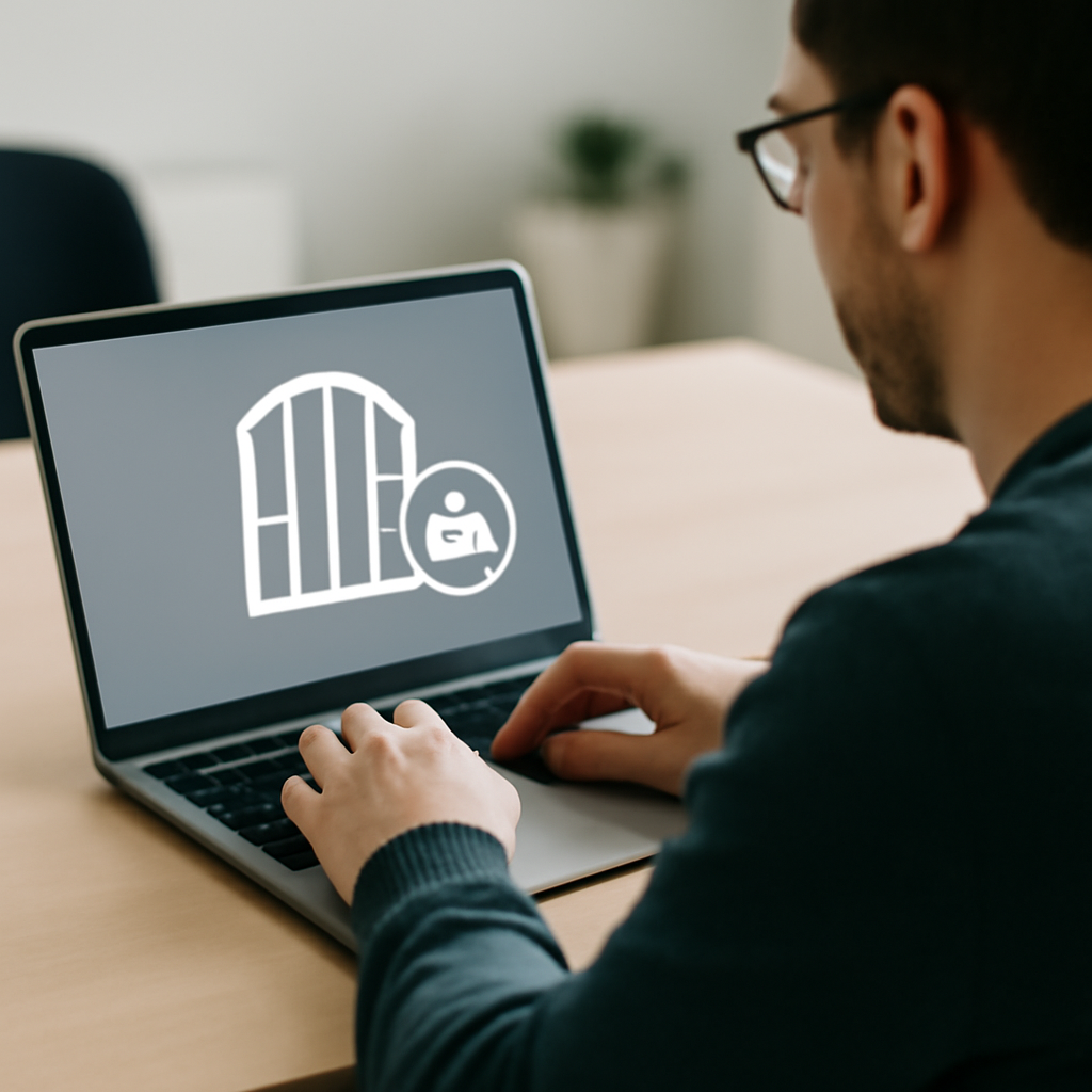 Developer interacts with laptop in bright office, emphasizing secure package management.