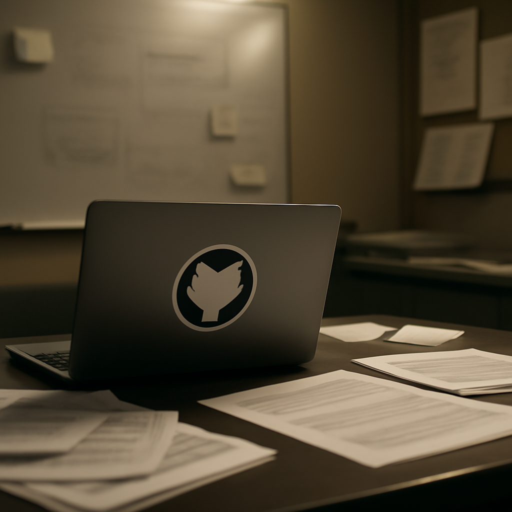 Dimly lit coding workspace with laptop, papers, and empty whiteboards.