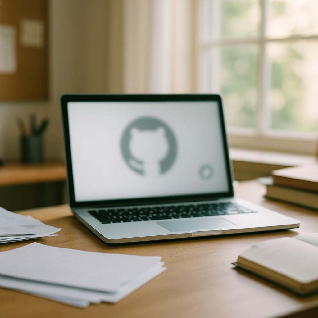 Cluttered home office workspace with laptop and faint GitHub logo.