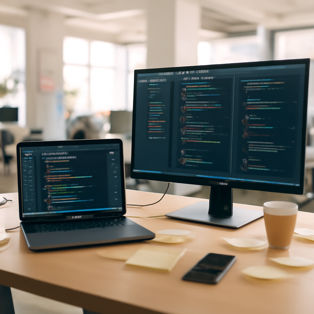 Cluttered developer workstation with laptop and monitor in bright office setting.