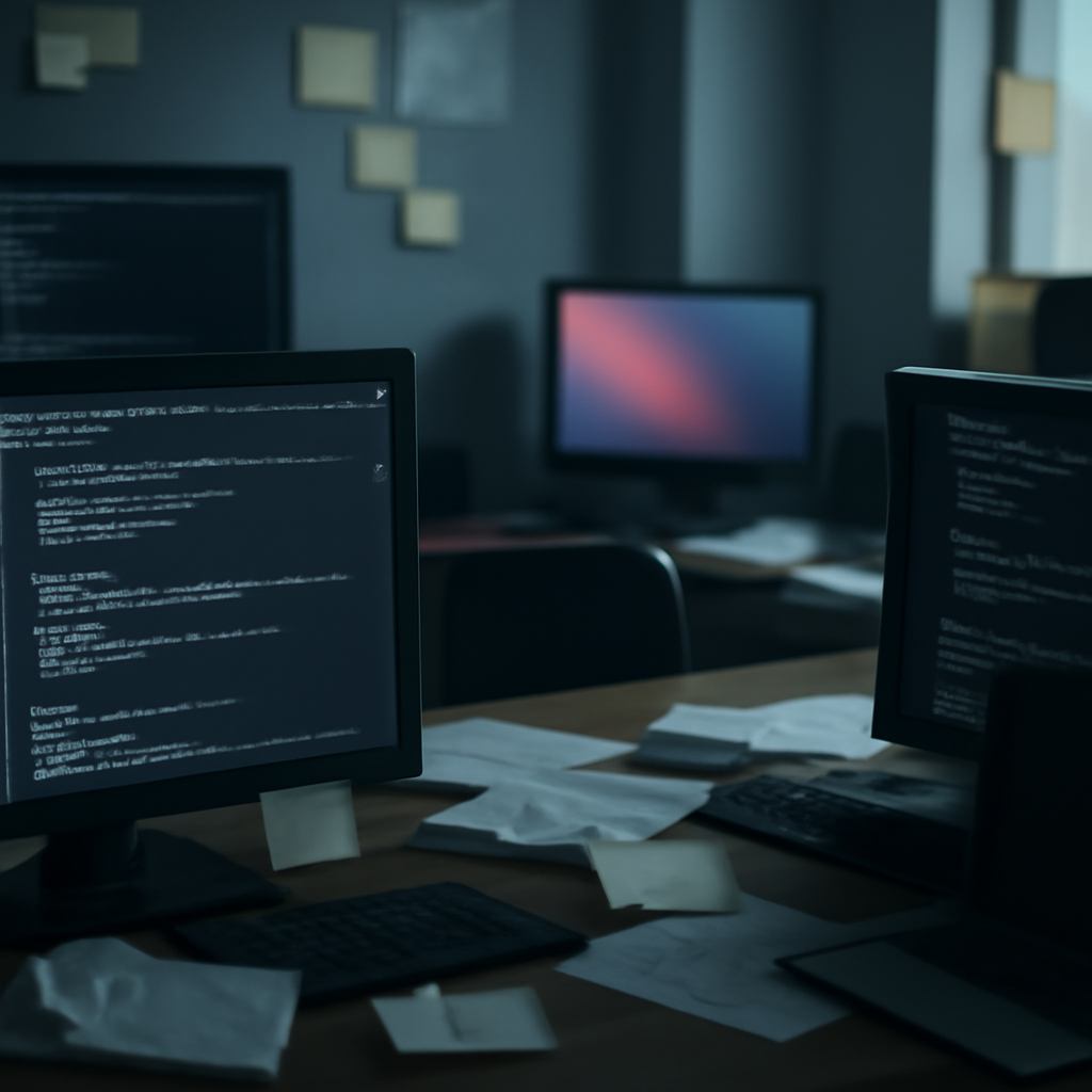 Dimly lit workspace with scattered screens and keyboards, featuring empty and blurred computer terminals.