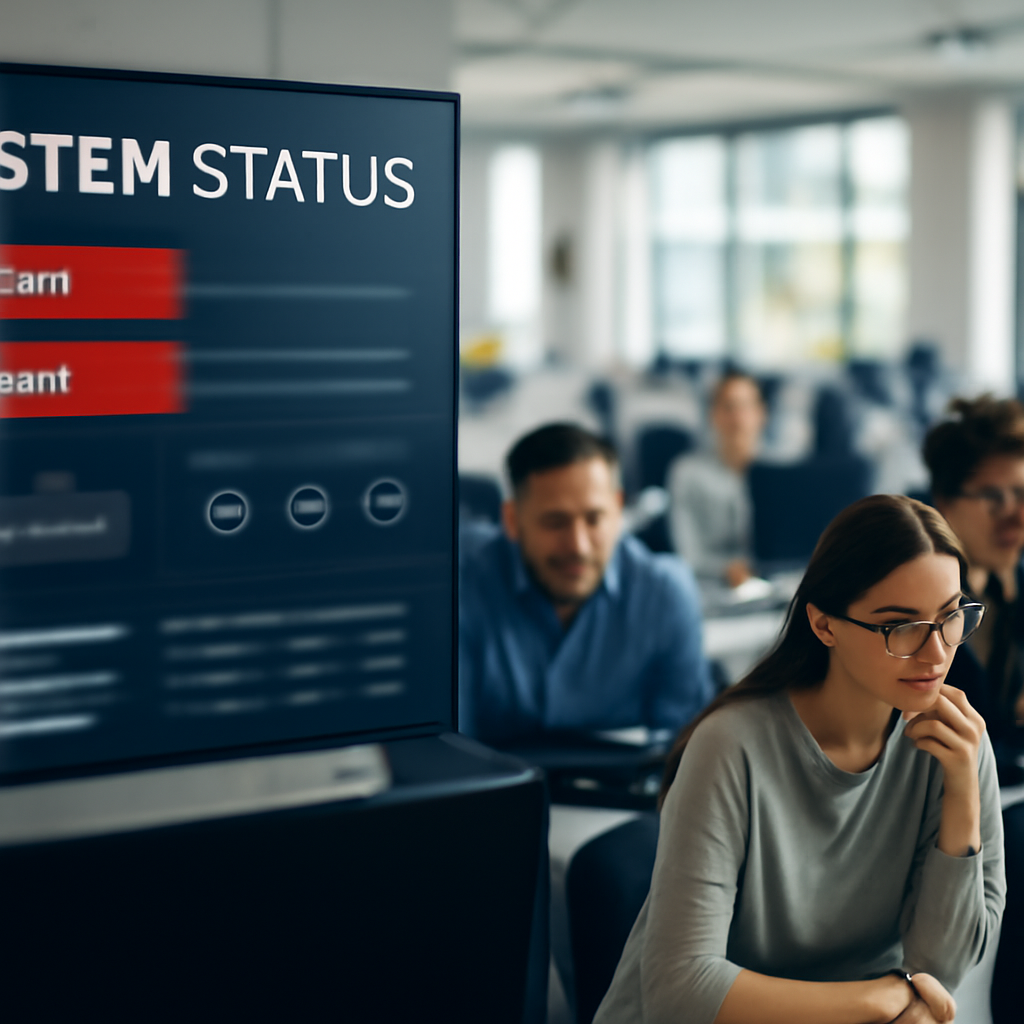 Employees sit at desks with concerned expressions, screens displaying errors, in a large office space with a system status…