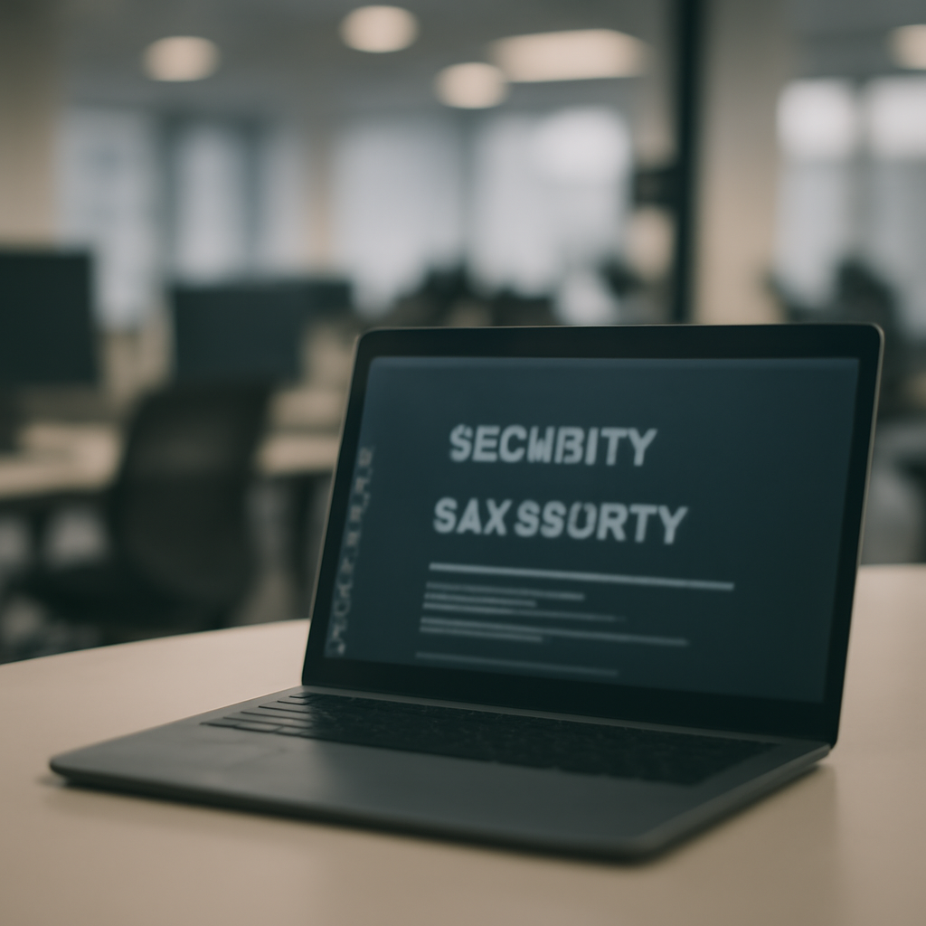 Laptop on a clean desk surrounded by ambient office lighting, hinting at tech security.