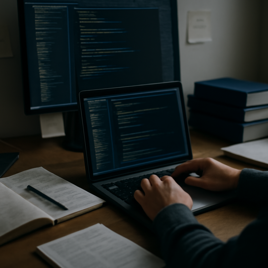 Developer workstation with laptop, notes, and coding books under indoor lighting.
