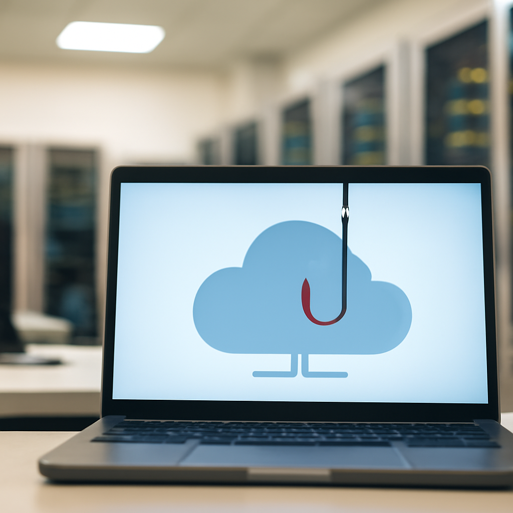 Cloud computing setup with laptop and servers in a bright office, hint of phishing activity.